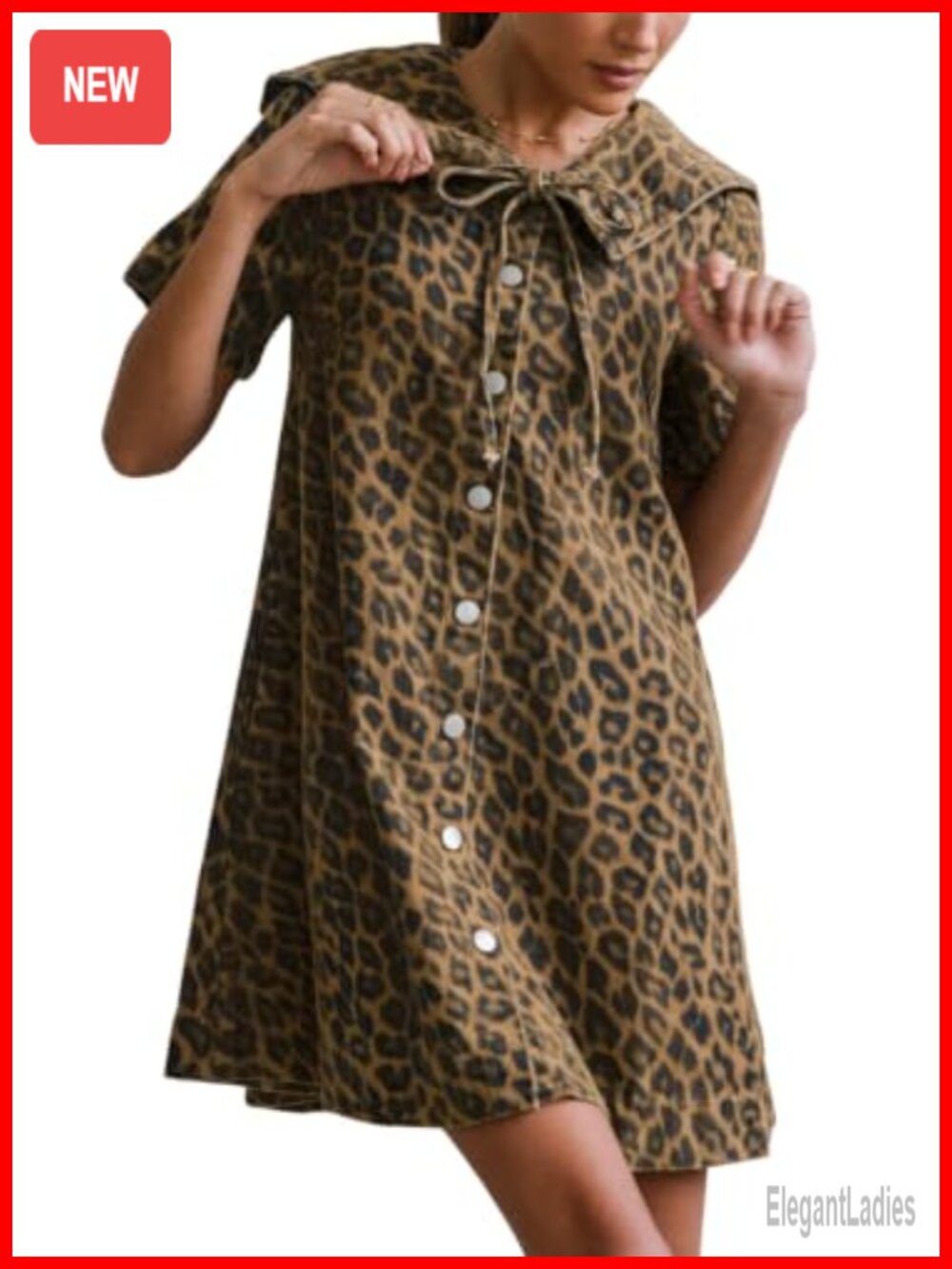 Leopard Print Denim Midi Dress Short Sleeve Button Down Peter Pan Collar Jean